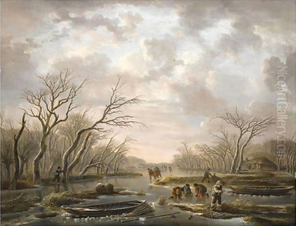 Winter Landscape With Skaters On A Frozen Canal Oil Painting by Andries Vermeulen