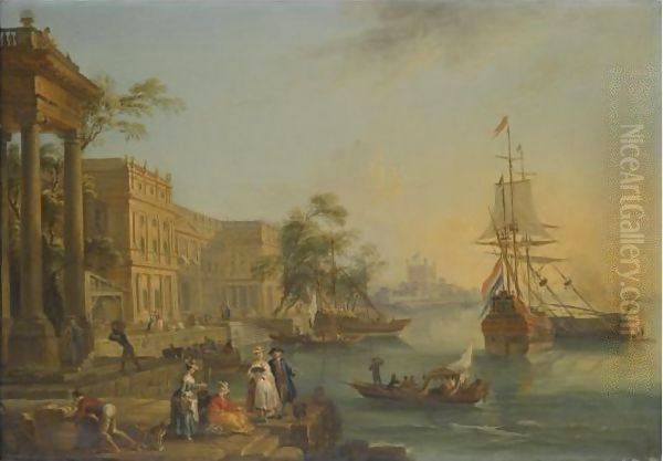 A Capriccio View Of The Custom House And Embankment In London With Figures On The Quay In The Foreground Oil Painting by Jean-Baptiste Lallemand