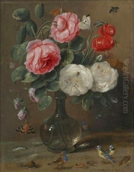 Still Life Of Roses In A Glass Vase With Numerous Insects, Including Butterflies Oil Painting by Jan van Kessel