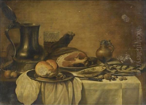 Still Life With A Pewter Jug, A Beaker Of Beer, A Cooked Ham, A Bread Roll On A Pewter Plate Oil Painting by Pieter Claesz.