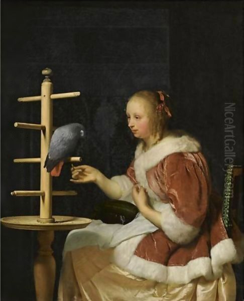 A Young Woman In A Red Jacket Feeding A Parrot Oil Painting by Frans van Mieris