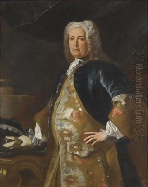 Portrait Of A Nobleman, Three-Quarter Length, Leaning His Gloved Right Hand On A Console Table Oil Painting by Francesco Solimena