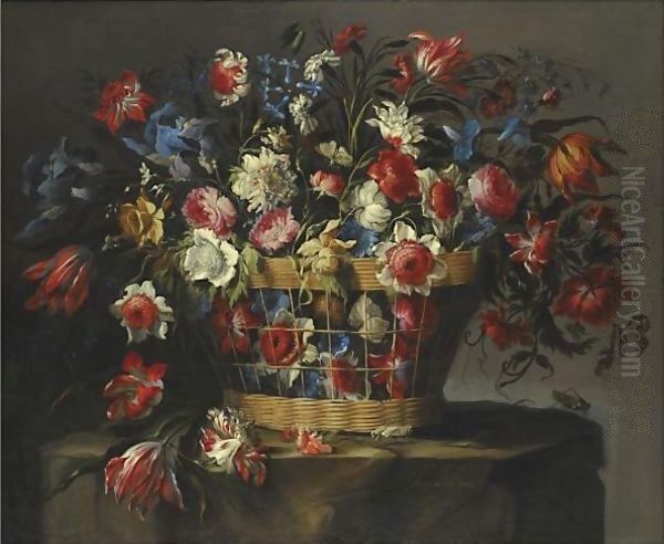 A Still Life With Carnations, Parrot Tulips, Roses, Iris, Daffodils, Morning Glory And Lillies Of The Valley Oil Painting by Juan De Arellano