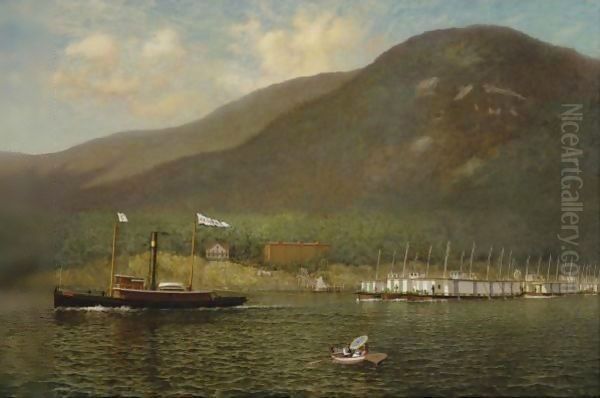 Tug A.C. Cheney Towing Barges Past Bear Mountain Oil Painting by James Gale Tyler