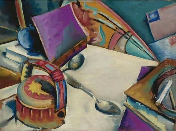 Tabletop Still Life Books And Teapot Oil Painting by Preston Dickinson