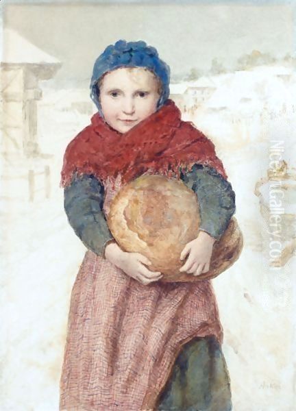 Girl With Loaf Of Bread Oil Painting by Albert Anker