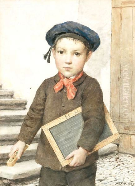 Schoolboy With Slate, 1909 Oil Painting by Albert Anker