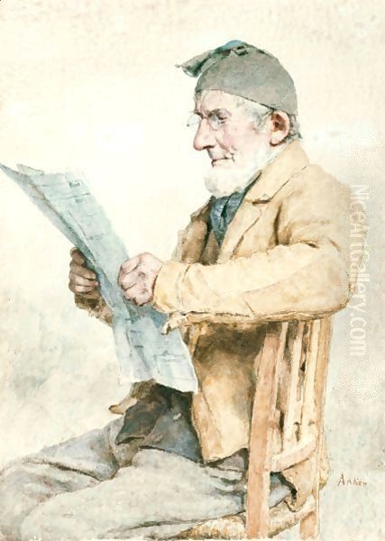 Farmer From Ins Reading The Newspaper Oil Painting by Albert Anker