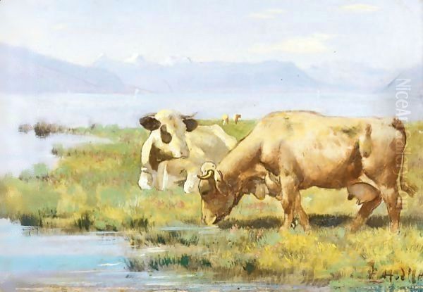 Cows At Lakeshore Oil Painting by Ferdinand Hodler