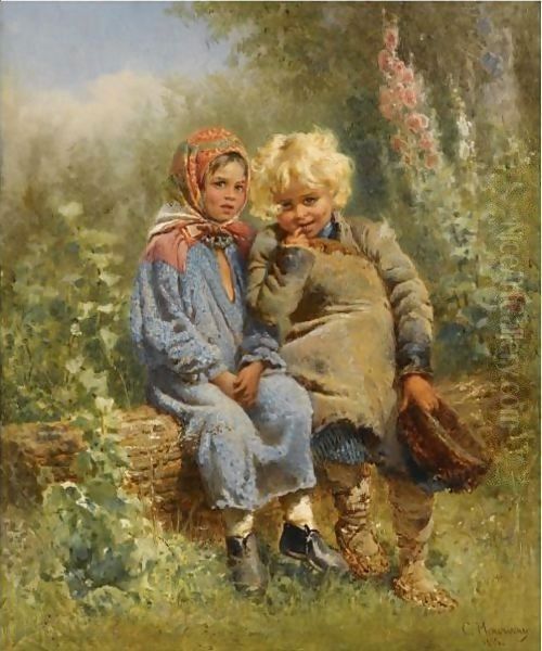 Peasant Children At Rest Oil Painting by Konstantin Egorovich Egorovich Makovsky