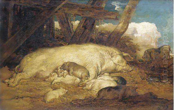 A Sow With Piglets Oil Painting by James Ward