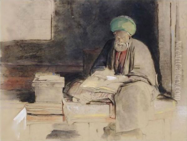 An Arab Reading Oil Painting by John Frederick Lewis