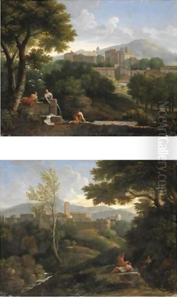 Veduta Di Un Paese Nel Lazio E Tre Figure Presso Un Fontanile Oil Painting by Jan Frans Van Bloemen (Orizzonte)