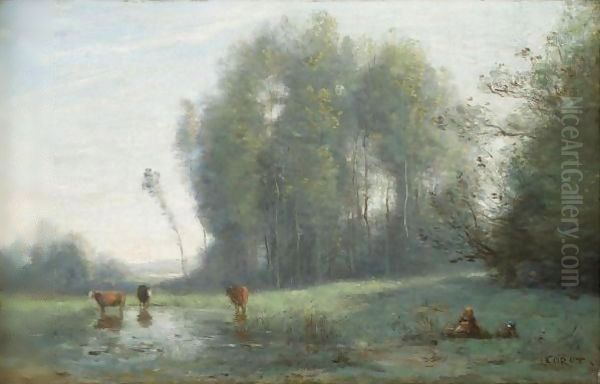 La Mare Aux Vaches Oil Painting by Jean-Baptiste-Camille Corot