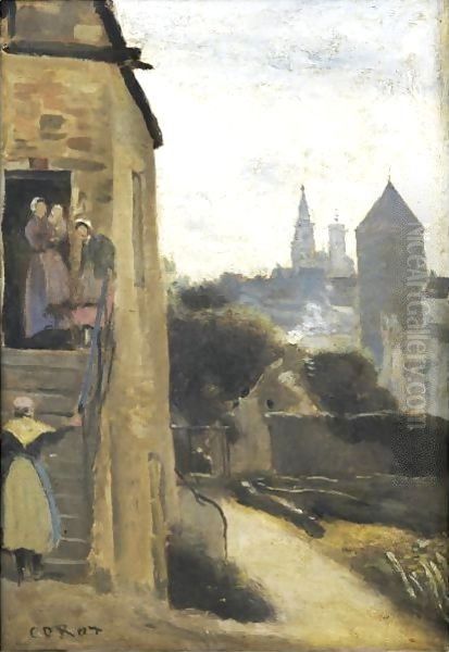 Maison Et Angle D'Une Rue A Semur En Auxois Oil Painting by Jean-Baptiste-Camille Corot