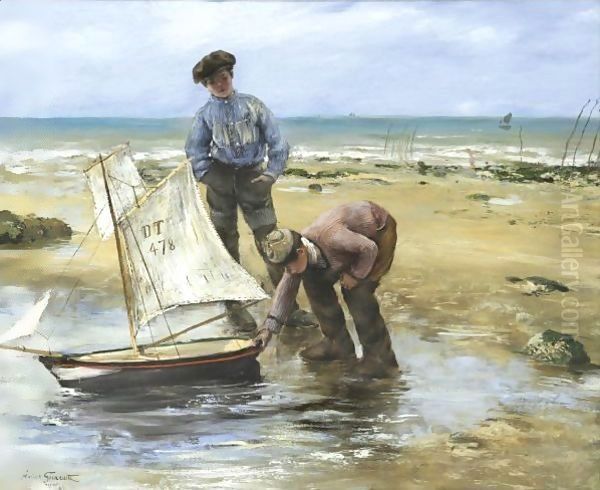 Enfants Jouant Sur La Plage, Le Treport Oil Painting by Norbert Goeneutte