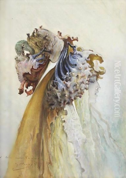 Buste De Femme De Profil, Chevelure D'Algues Et De Coquillages Oil Painting by Georges Jules Victor Clairin