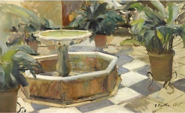 Fountain In A Courtyard, Seville Oil Painting by Joaquin Sorolla Y Bastida