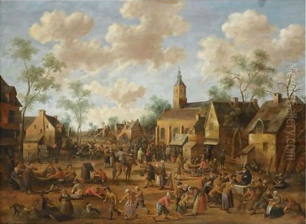 A Village Kermesse, With Numerous Figures Feasting And Conversing In The Street Oil Painting by Joost Cornelisz. Droochsloot