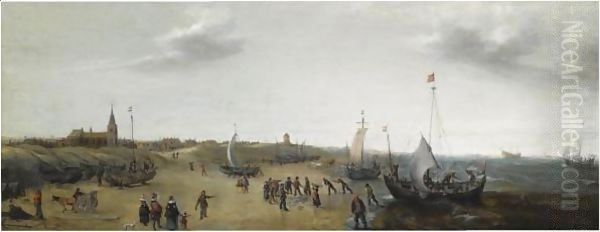 A View Of The Beach At Scheveningen With Fishermen Unloading Their Catch, Elegant Figures Strolling Along The Beach Oil Painting by Hendrick Cornelisz. Vroom