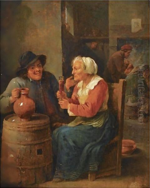 An Interior Scene With A Man And An Elderly Woman Seated Around A Barrel Drinking Oil Painting by David The Younger Teniers