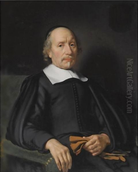 Portrait Of A Man, Seated Half-Length, Wearing A Black Robe With A White Flat Collar, Holding A Pair Of Gloves Oil Painting by Nicolaes Maes