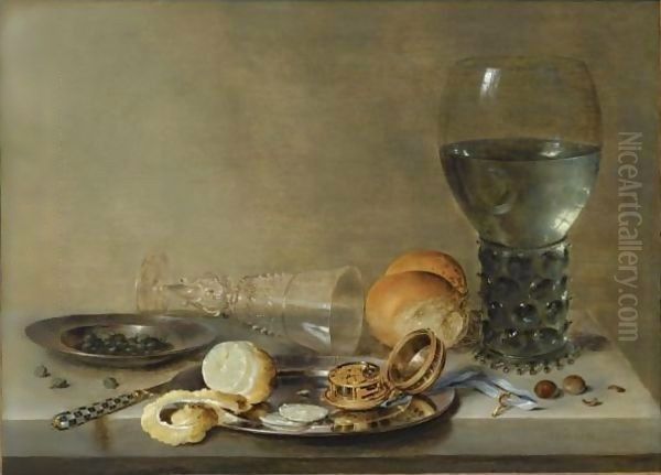 Still Life Of A Roemer And A Facon De Venise, A Partly Peeled Lemon, A Pocket-Watch And Capers On Pewter Plates Oil Painting by Willem Claesz. Heda