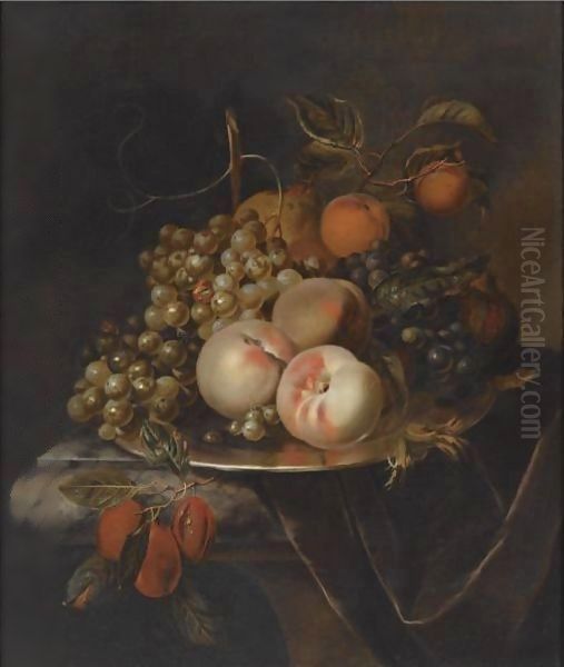 A Still Life Of Blue And White Grapes, Peaches, Plums, A Pear And A Pomegranate, All On A Pewter Platter Oil Painting by Heroman Van Der Mijn