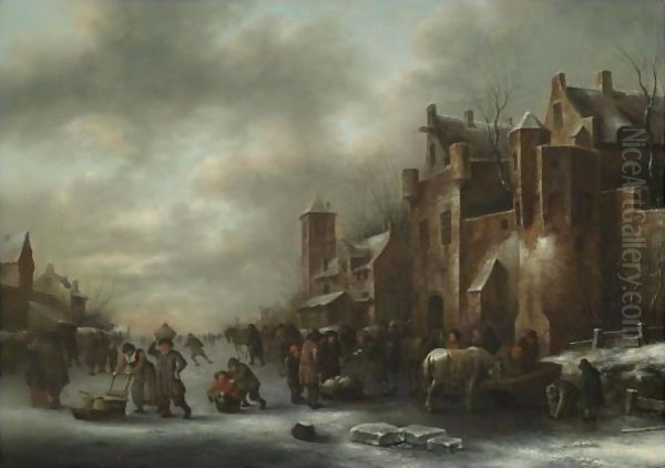 A Winter Landscape With Numerous Figures On A Frozen River Outside The Town Walls Oil Painting by Claes Molenaar (see Molenaer)