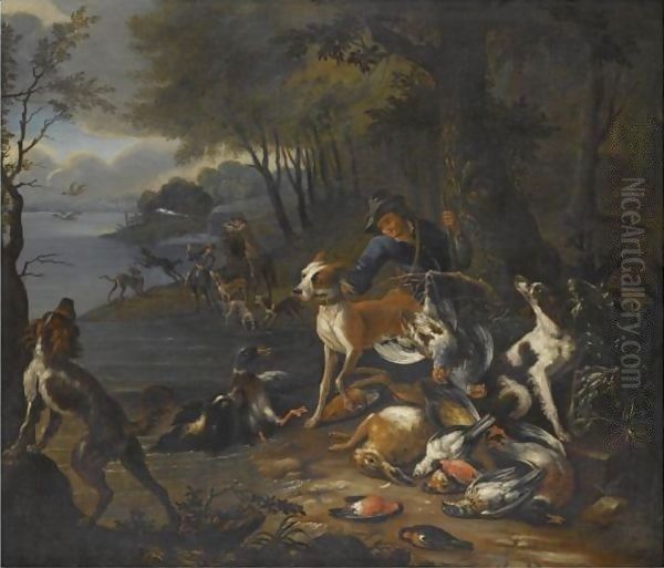 A Wooded Landscape With Huntsmen And Their Hounds On The Banks Of A Lake Oil Painting by Adriaen de Gryef