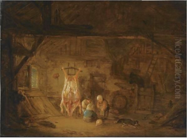 A Barn Interior With Three Children Playing With A Pig's Bladder, Next To A Slaughtered Pig Oil Painting by Isaack Jansz. van Ostade