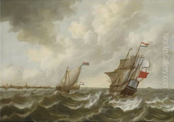 Dutch Shipping In Stormy Waters, Off The Coast Of Middelburg, With A View Of Vlissingen And The Fort Rammekens In The Distance Oil Painting by Pieter Jansz. Coopse