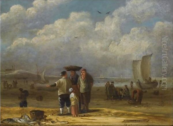 Fishermen And Women Conversing On The Beach, Other Fishermen Unloading Their Catch In The Background Oil Painting by Cornelis van de Velde