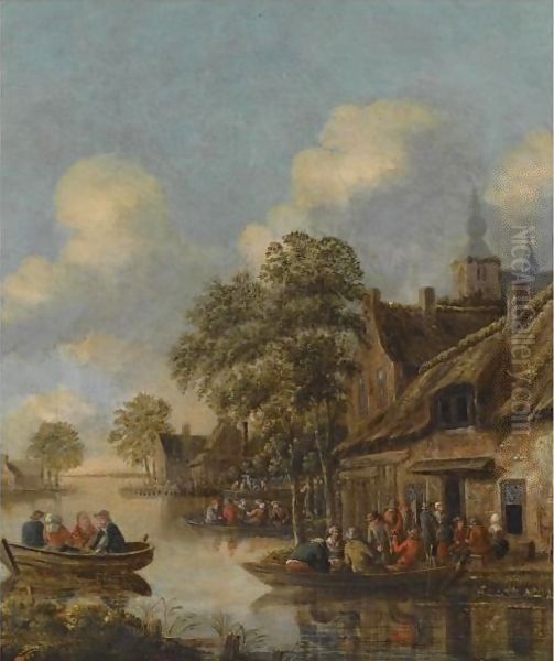 A Riverside Village, With Numerous Figures In Rowing Boats Outside An Inn Oil Painting by Thomas Heeremans