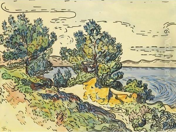 Paysage Cotier Aux Arbres Oil Painting by Paul Signac