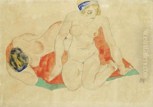 Reclining And Seated Female Nudes On A Red And Green Cloth Oil Painting by Egon Schiele