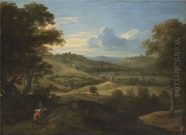 An Extensive Landscape With Travellers In The Foreground Oil Painting by Jacques Fouquieres