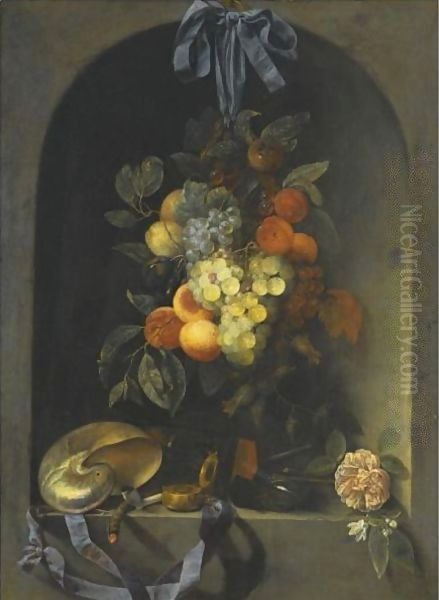 A Still Life With Peaches, Pomegranate, Grapes, And Plums Oil Painting by Joris Van Son