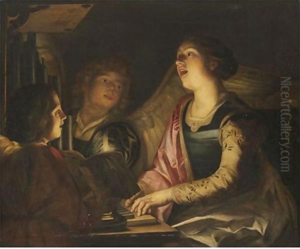 Saint Cecilia, Seated At The Organ With Choral Singers Oil Painting by Gerrit Van Honthorst