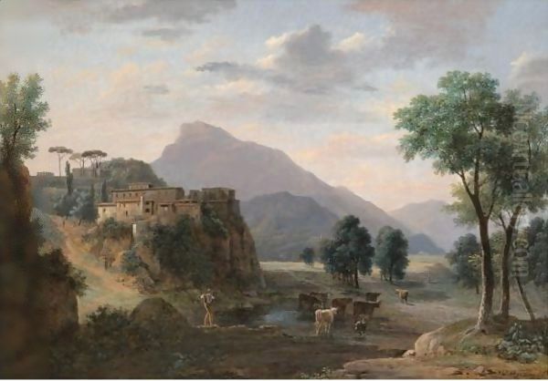 An Italianate Landscape With A Herder And His Cows Before A Hilltop Town Oil Painting by Jean-Victor Bertin