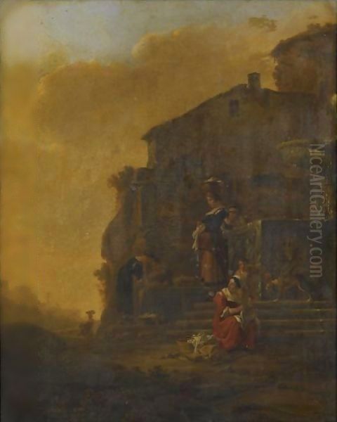 An Italianate Landscape With Washerwomen In The Foreground Oil Painting by Thomas Wyck