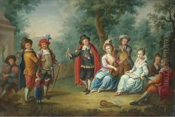 A Park Landscape With A Musical Party Oil Painting by Josef Oblasser