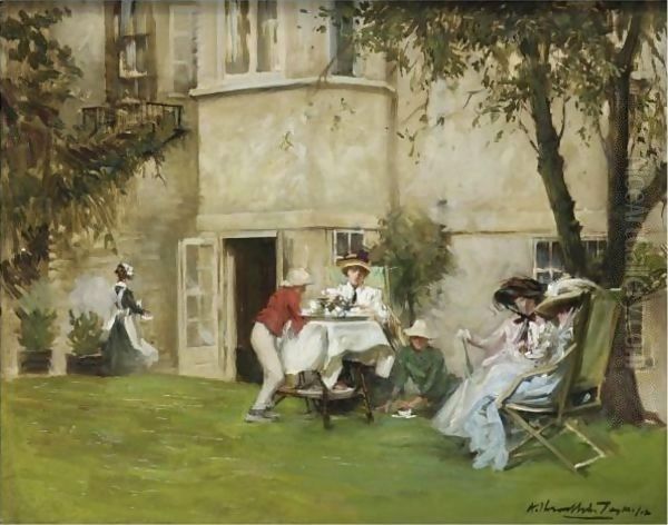 Tea In The Garden Oil Painting by Albert Chevallier Tayler