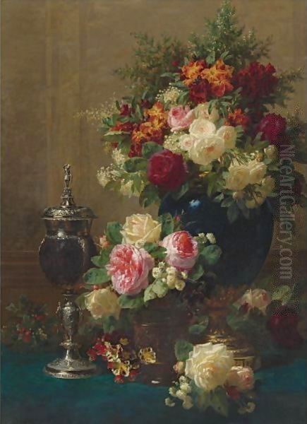 Still Life Of Flowers With A Coconut Chalice On A Table Oil Painting by Jean-Baptiste Robie