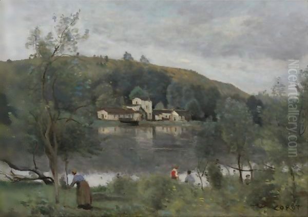 Ville D'Avray, Pecheurs Au Bord Des Etangs Oil Painting by Jean-Baptiste-Camille Corot