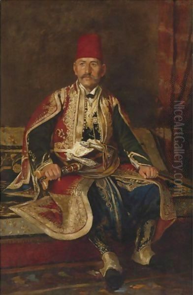 Turkish Noble Seated In A Carpeted Interior Oil Painting by Franz Leo Ruben