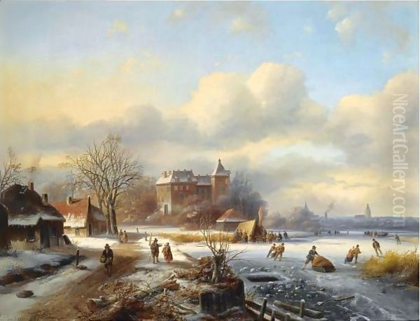 A Winter Landscape With Skaters On The Ice, A Town In The Distance Oil Painting by Johannes Petrus van Velzen