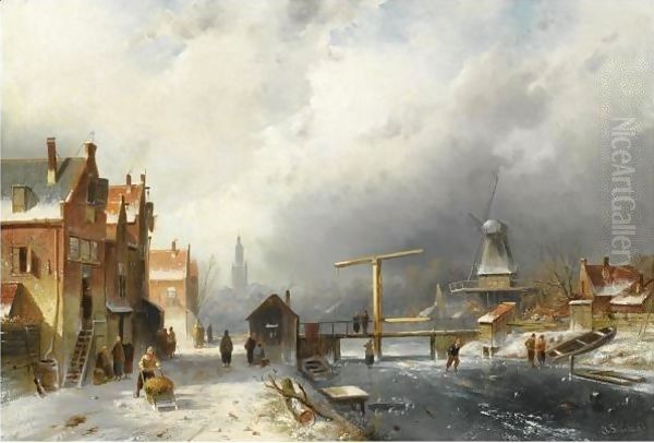 A Wintry Dutch Town With Skaters On A Frozen Canal Oil Painting by Charles Henri Leickert