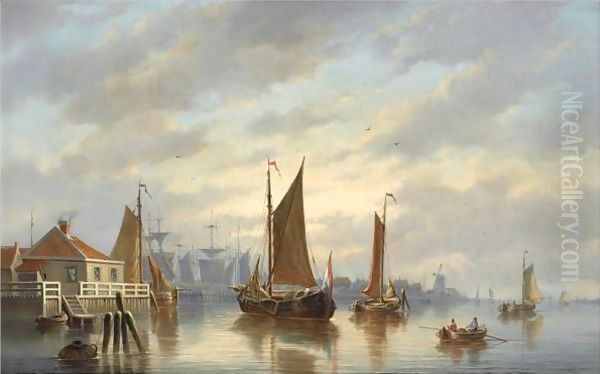 A Dutch Harbour At Sunset Oil Painting by Johannes Hilverdink