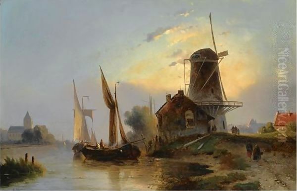 Moored Boats Near A Windmill Oil Painting by Jacobus Adrianus Vrolijk